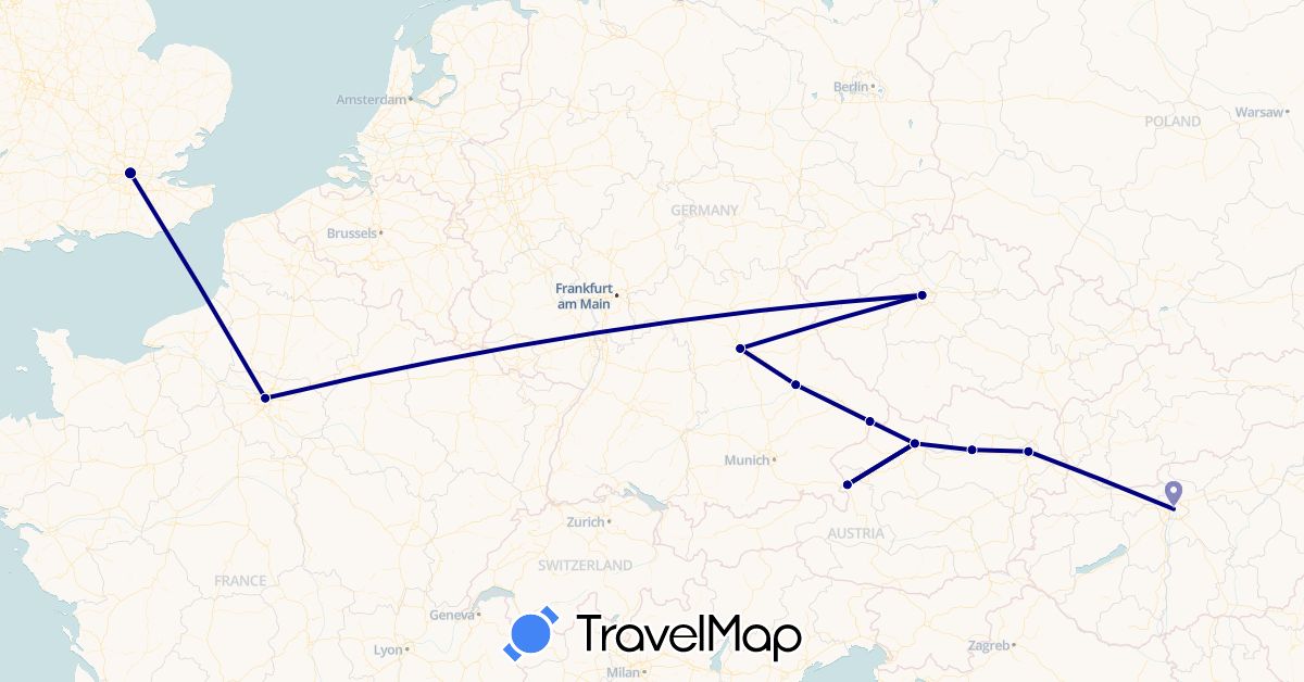TravelMap itinerary: driving in Austria, Czech Republic, Germany, France, United Kingdom, Hungary (Europe)